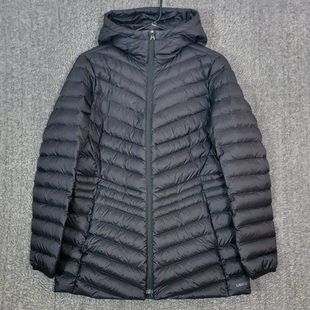 Lands End Packable Down Puffer Coat Womens S 6 - 8 Black Hooded Quilted Jacket